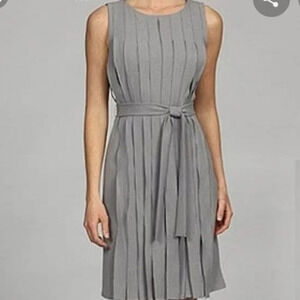 CALVIN  Klein Gray Pleated Sleeveless Belted Fit & Flare Dress Size 12